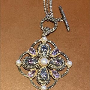 Judith Jack Silver Necklace with Pearls and Amethysts. Lariat style chain.